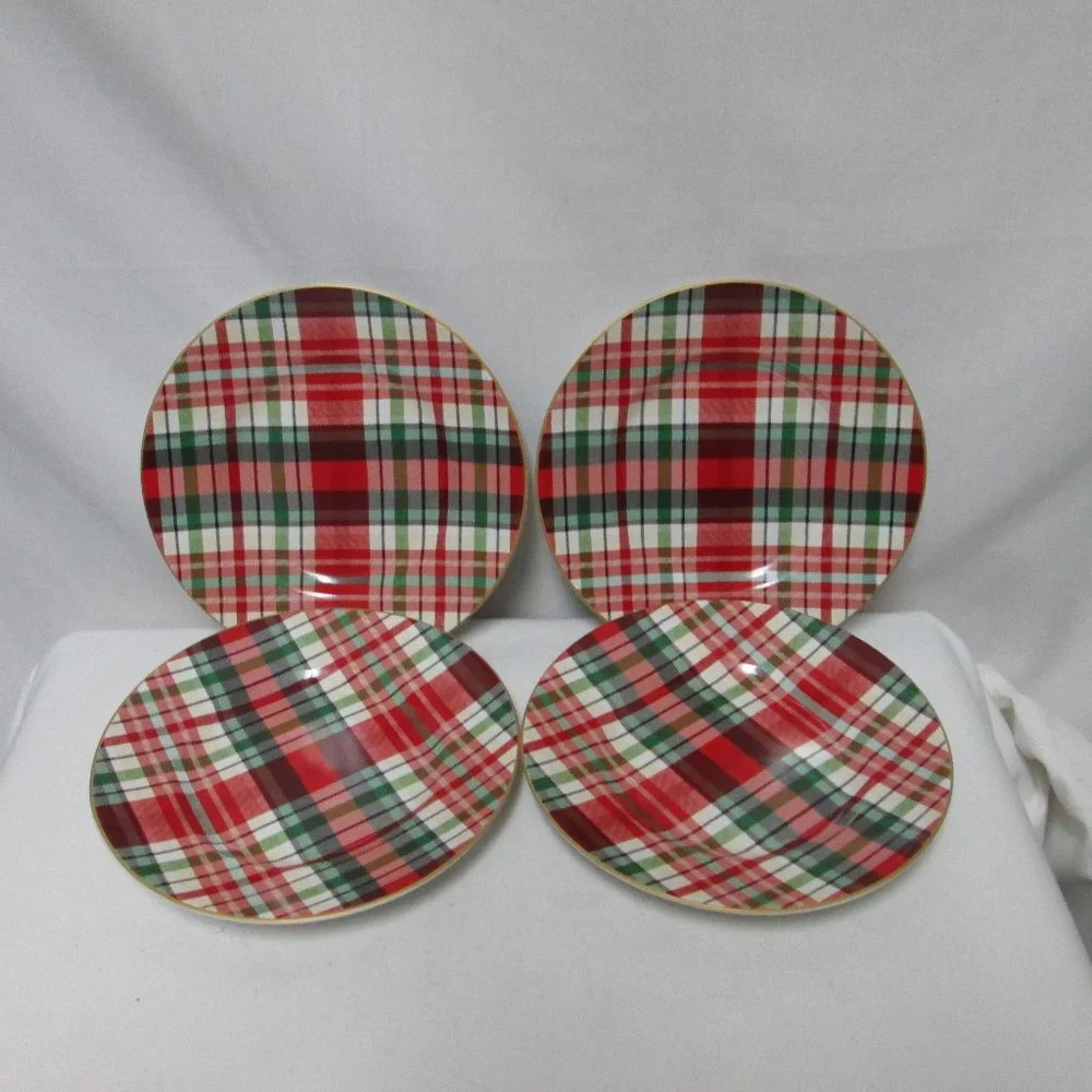 222 Fifth Holiday Small Plaid Christmas Plate Set 4 Porcelain Dish Micro Safe